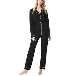 amropi Schlafanzug Damen Langärmlig Pyjama Sets 2 stücke Nachtwäsche (Schwarz,S) von amropi