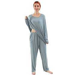 amropi Schlafanzug Damen Pyjama Set Nachtwäsche Langarm Hausanzug Rundhals Übergröße Blau,4XL von amropi