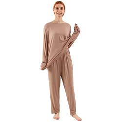 amropi Schlafanzug Damen Pyjama Set Nachtwäsche Langarm Hausanzug Rundhals Übergröße Weizen,4XL von amropi