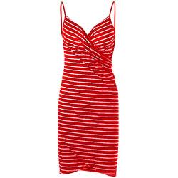 amropi Sommerkleid Damen Gestreift Kurz V-Ausschnitt Kleider Knielang Trägerkleid Strandkleid Rot,S von amropi