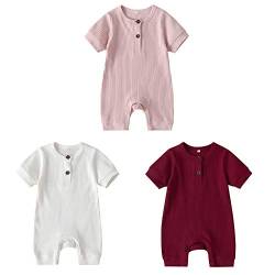 amropi Strampler Baby Mädchen 3er-Pack Kurzarm Schlafstrampler Baumwolle Schlafanzug 0-3 Monate,Rosa/Weiß/Burgund von amropi