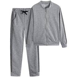 amropi Traingsanzug Damen Jogginganzug Kariert Pullover Lange Ärmel Top + Hose Sportanzug 2 Stück (Grau,M) von amropi