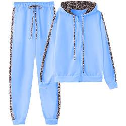 amropi Traingsanzug Damen Jogginganzug Leopard Kapuzenpullover Lange Ärmel Top + Hose Sportanzug 2 Stück (Blau,5XL) von amropi