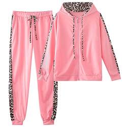 amropi Traingsanzug Damen Jogginganzug Leopard Kapuzenpullover Lange Ärmel Top + Hose Sportanzug 2 Stück (Rosa,4XL) von amropi