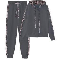 amropi Traingsanzug Damen Jogginganzug Leopard Kapuzenpullover Lange Ärmel Top + Hose Sportanzug 2 Stück (Schwarz,L) von amropi