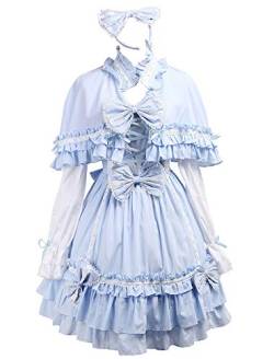 Antaina Blau Baumwolle Flieges Rüsche süß viktorianisch Knielang Elegant Lolita Kleid mit Kopfschmuck,XXL von an*tai*na*