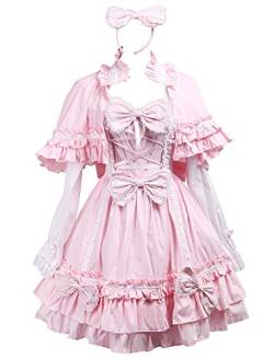 Antaina Rosa Baumwolle Flieges Rüsche süß viktorianisch Knielang Elegant Lolita Kleid mit Kopfschmuck,S von an*tai*na*