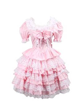 Antaina Rosa Baumwolle Rüsche Spitze Fliege Puff viktorianisch süß Knielang Elegant Lolita Cosplay Kleid,M von an*tai*na*