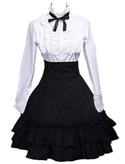 Antaina Schwarz Baumwolle Falten Knielang Elegant Lolita Rock und viktorianisch Fliege Bluse,M von an*tai*na*