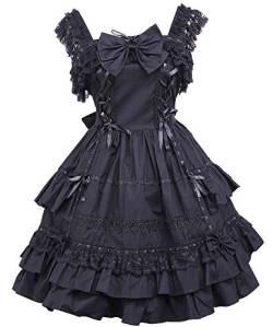 Antaina Schwarz Baumwolle Rüsche Spitze Flieges Gothic Punk Sexy Knielang Elegant Lolita Cosplay Kleid,L von an*tai*na*