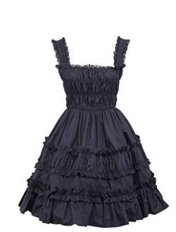 Antaina Schwarz Baumwolle Rüsche Spitze Retro Gothic Punk Halfter Knielang Elegant Lolita Cosplay Kleid,S von an*tai*na*