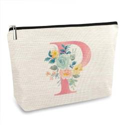 ancpeany Buchstabe A-Z personalisierte florale Make-up-Tasche für Frauengeschenke, Leinen wasserdichte kleine Reise-Kosmetiktasche, P, Personalisierte Blumen von ancpeany