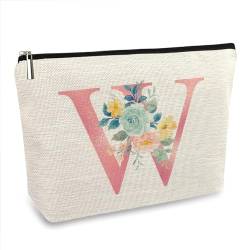 ancpeany Personalisierte Make-up-Tasche mit Blumenmuster für Damen, Leinen, wasserdicht, kleine Reise-Kosmetiktasche, W, Personalisiertes Blumenmuster von ancpeany