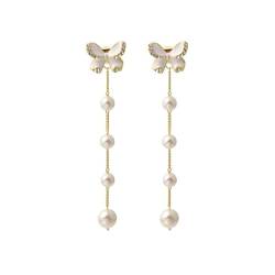 ankbrats 925 Sterling Silber Perlen Ohrringe, Hypoallergene Perlen Quaste Schmetterling Ohrringe mit Kette, Modische Ohrringe Geschenk für Frauen Mädchen von ankbrats