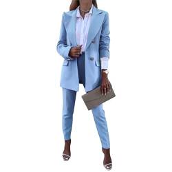 aromm 2 Stück Damen Arbeit Büro-Anzüge Elegent Langarm Reversblazer & Hose Bekleidungs-Set Blau, M von aromm