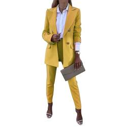 aromm 2 Stück Damen Arbeit Büro-Anzüge Elegent Langarm Reversblazer & Hose Bekleidungs-Set Gelb, XXL von aromm