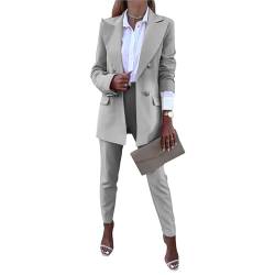 aromm 2 Stück Damen Arbeit Büro-Anzüge Elegent Langarm Reversblazer & Hose Bekleidungs-Set Grau, M von aromm