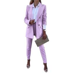 aromm 2 Stück Damen Arbeit Büro-Anzüge Elegent Langarm Reversblazer & Hose Bekleidungs-Set Rosa, M von aromm