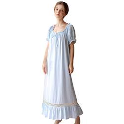 aromm Baumwolle Victorian Nachthemd für Damen Voller Länge Sommer Kurze Ärmel Stretch Schlafanzug Blau Mit Spitze Dekor, L von aromm