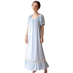aromm Baumwolle Victorian Nachthemd für Damen Voller Länge Sommer Kurze Ärmel Stretch Schlafanzug Blau Mit Spitze Dekor, M von aromm