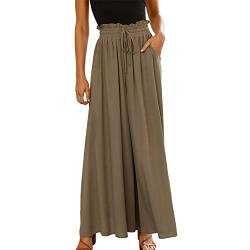 aromm Damen Breites Bein Palazzo Hose Elastische Band Freizeit Lange Hosen Khaki,S von aromm