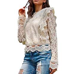 aromm Damen Lange Ärmel Spitzen Hemd Sexy Halbtransparent Blumen Bluse Oberteile Mandel, S von aromm