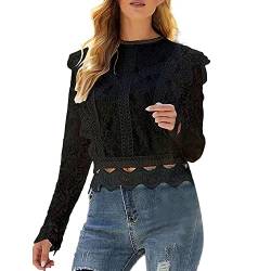 aromm Damen Lange Ärmel Spitzen Hemd Sexy Halbtransparent Blumen Bluse Oberteile Schwarz, S von aromm