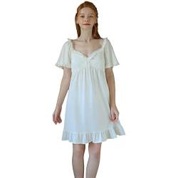 aromm Damen Nachthemd aus Spitze mit Rüschen Eingebauter BH V-Ausschnitt Pullover Weiche Pyjamas Weiß, M von aromm