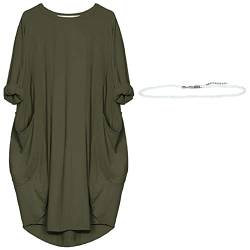 aromm Damen T Shirts Rundhalsausschnitt Kleid Lose Einfach Lässig Übergröße Midi Longshirt mit Taschen Armee Grün,L von aromm