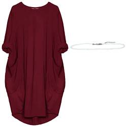 aromm Damen T Shirts Rundhalsausschnitt Kleid Lose Einfach Lässig Übergröße Midi Longshirt mit Taschen Weinrot,5XL von aromm
