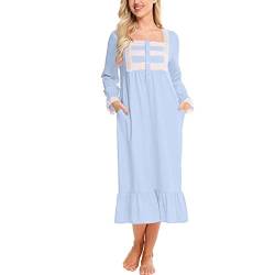 aromm Damen Weich Nachthemd Knopfleiste Viktorianisch Lange Ärmel Stillen Pyjama Blau, L von aromm