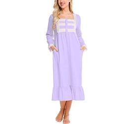 aromm Damen Weich Nachthemd Knopfleiste Viktorianisch Lange Ärmel Stillen Pyjama Violett, L von aromm