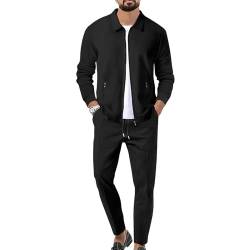 aromm Herren Waffel-Trainingsanzüge Langarm Voll Reißverschluss Jacke & Hose 2-teiliges Set Schwarz für Lässig Sport Arbeit, L von aromm