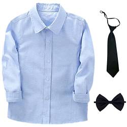 aromm Junge Kleid Hemd mit Fliege und Krawatte Lange Ärmel Solide Knopf unten Oxford Shirt Blau,2-3 Jahre von aromm