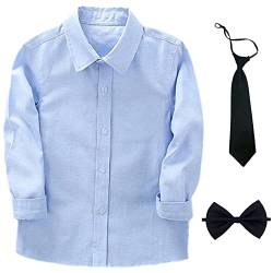 aromm Junge Kleid Hemd mit Fliege und Krawatte Lange Ärmel Solide Knopf unten Oxford Shirt Blau,7-8 Jahre von aromm