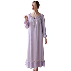 aromm Voller Länge Victorian Nachthemd für Damen Baumwolle Lange Ärmel Stretch Schlafanzug Lila Mit Spitze Dekor, L von aromm