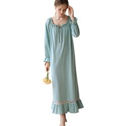 aromm Voller Länge Victorian Nachthemd für Damen Baumwolle Lange Ärmel Stretch Schlafanzug Pfauenblau Mit Spitze Dekor, XL von aromm