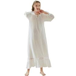 aromm Voller Länge Victorian Nachthemd für Damen Baumwolle Lange Ärmel Stretch Schlafanzug Weiß Mit Spitze Dekor, S von aromm