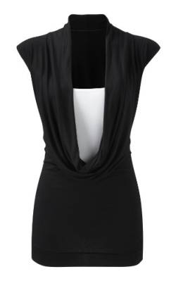 Damen Top mit gerafftem Wasserfallkragen, Kontrast-Jersey-Einsatz, ärmellos, Übergrößen 36-48 Gr. 36, Schwarz von asfashion online