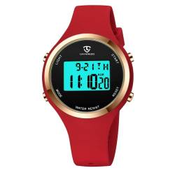 aswan watch Damenuhren für Damen, Outdoor-Sport, mit Alarm/Kalender/Hintergrundbeleuchtung/Stoppuhr/Chronograph, Digitaluhr, Geschenke für Teenager-Mädchen/Frauen, 50 DE - Rot von aswan watch