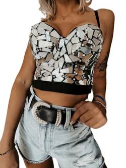 atokiss Damen Pailletten Perlen Strass Bustier Crop Top Punk Korsett Club Party BH, Sliver Pailletten Bustiers, Large von atokiss