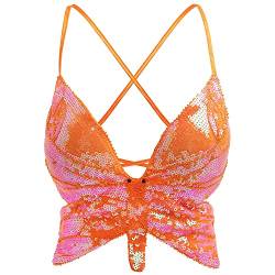 atokiss Frauen Sparkle from Within Butterfly Pailletten Tank Top Spaghetti Strap Crop Top Enge Ärmellos Schlauchoberteil Weste, Orange/Abendrot im Zickzackmuster (Sunset Chevron), Einheitsgröße von atokiss