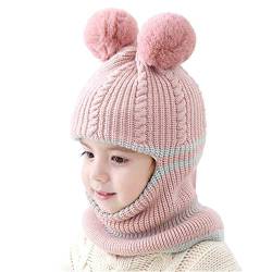 auvstar Baby Wintermütze Jungen Mädchen,Kinder Strickmütze mit Fleecefutter Fellbommel,Kinder Winter Warm Haube Beanie Mützen mit Nackenschutz Balaclava Thermische Kapuzenschal 1-3 Jahre(Pink) von auvstar