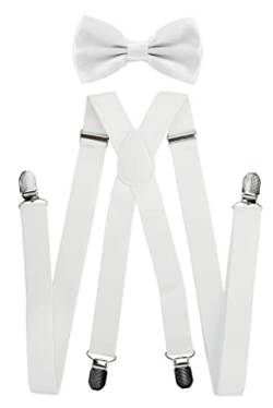 axy® Herren Hosenträger mit Fliege - 4 Starken Clips X-Form (Weiss (Hosenträger Breit 2,5cm)) von axy