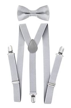 axy Kinder Jungen Hosenträger-Y Form 2,5cm breit mit Fliege - 3 Stabile Clips für Kinder 7-12 Jahre alt (Lichtgrau) von axy