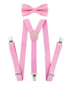 axy Kinder Jungen Hosenträger-Y Form 2,5cm breit mit Fliege - 3 Stabile Clips für Kinder 7-12 Jahre alt (Pink) von axy