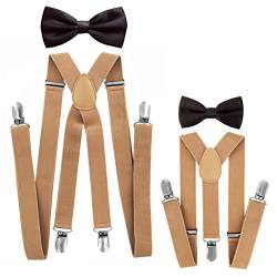 axy Vater-Sohn Partnerlook Hosenträger mit Fliege Set für Herren-Damen-Kinder (Beige Hosenträger Breit 2,5cm + Dunkelbraune Fliege) von axy