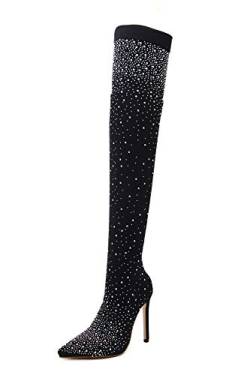 Damen-Socken, feine Stretch-Netz-Socken, passend für Diamanten, funkelnd, Glamor, sexy, spitz, Oberschenkel, hohe Absatz, mit Strasssteinen, Schwarz, schwarz, 40 EU von azmodo