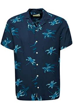 Blend 20716117 Shirt Herren Kurzarmhemd Herrenhemd Hemd Bowlinghemd Cuba-Kragen Umlegekragen Regular Fit Hochwertige Viskose-Qualität Flower-Muster Blumen, Größe:L, Farbe:Dress Blues (194024) von b BLEND