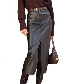 Elegante Slim-Fit-Bleistiftröcke aus Kunstleder für Damen, Schwarze PU-Leder-Bleistift-Lange Midi-Röcke, Geteilte Röcke für den Herbst und Winter von babao